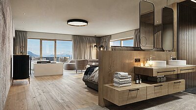 Wellness Suite Premium • große Panoramafenster • ⁠Doppelbadewanne im Wohnbereich • ⁠offenes Bad • ⁠Loggia in Westlage mit privater Outdoor Sauna WIEDERERÖFFNUNG DEZEMBER 2024 JETZT BUCHEN ➤...